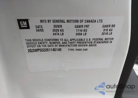 2006 Pontiac Grand Prix z USA, uszkodzony, nr VIN 2G2WP552261145149
